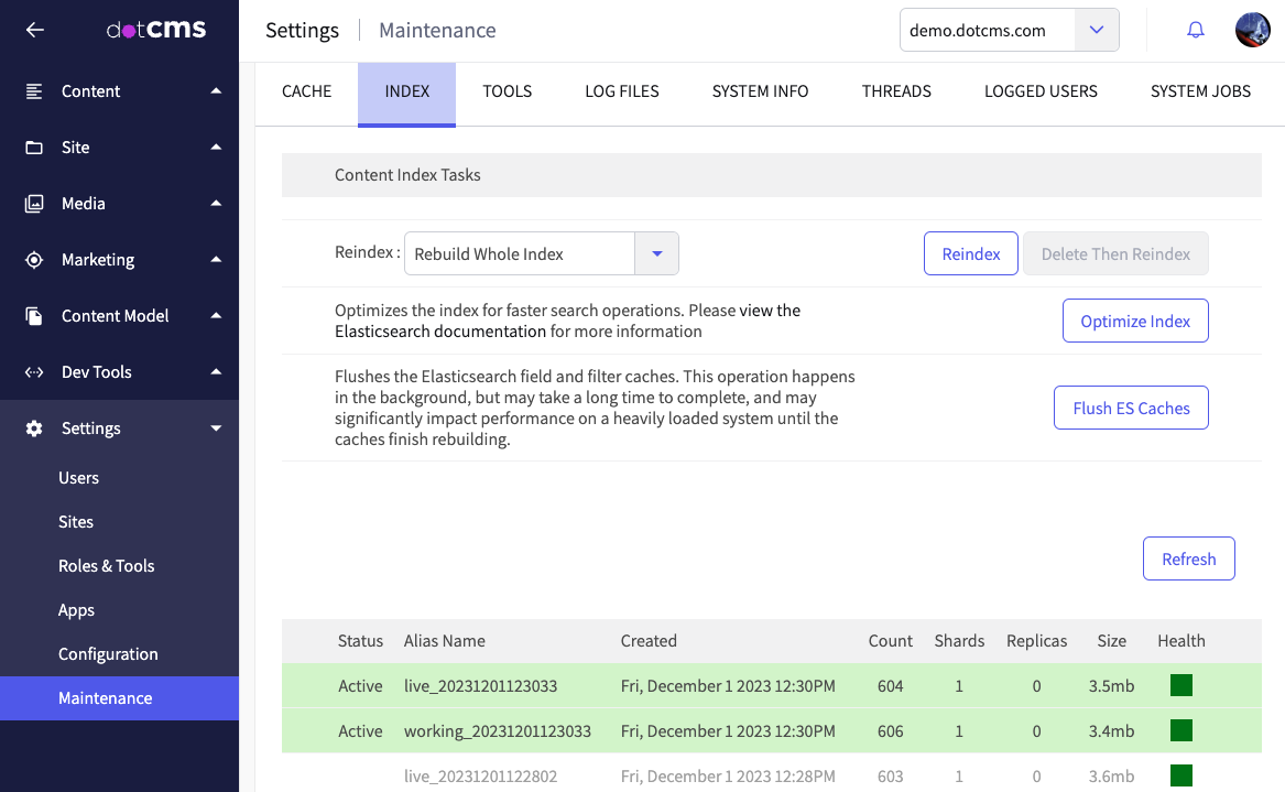 Screenshot of Maintenance's index pane.