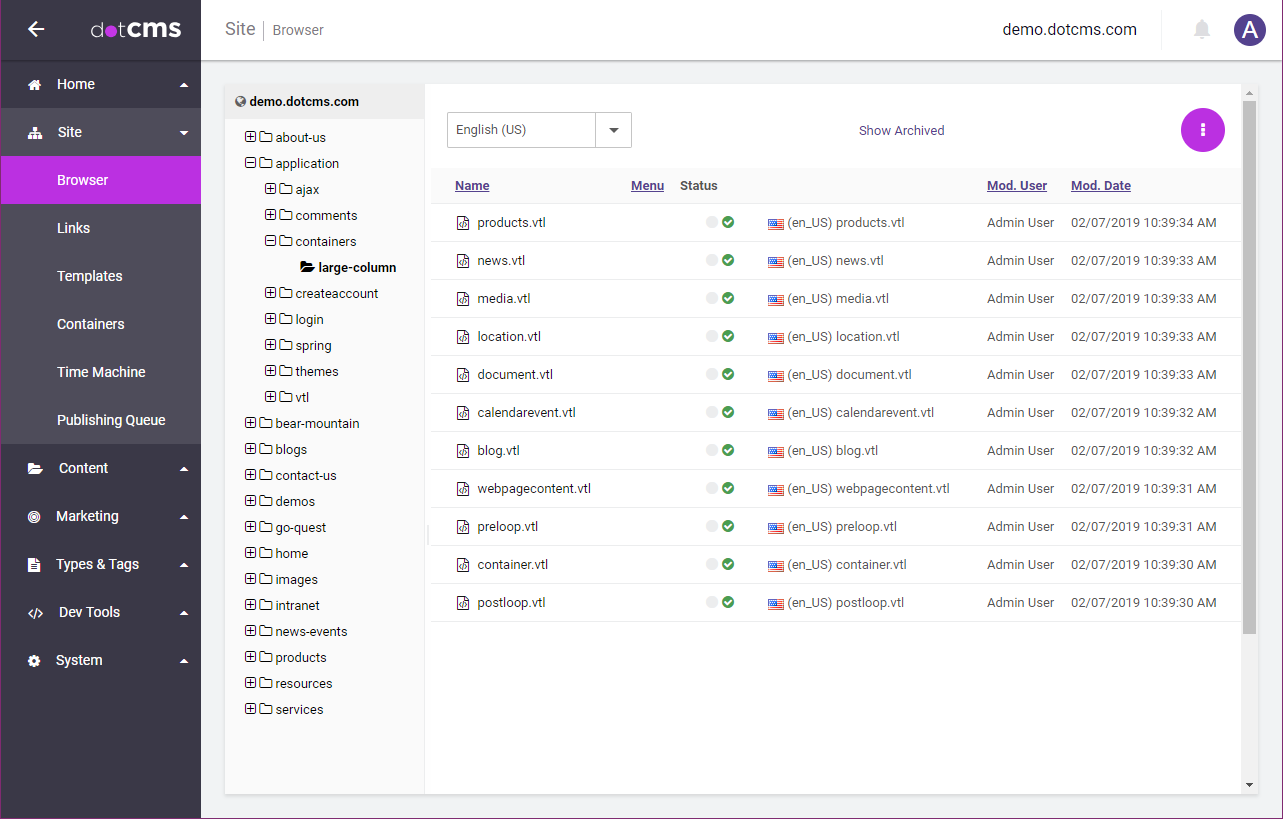 The folder for the Large Column Container displayed in the dotCMS Site Browser