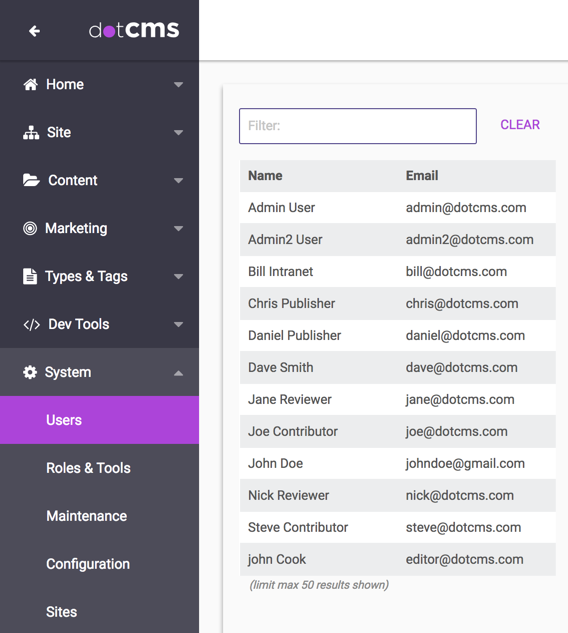 Screen Shot: The Users Tool in the dotCMS Back-end