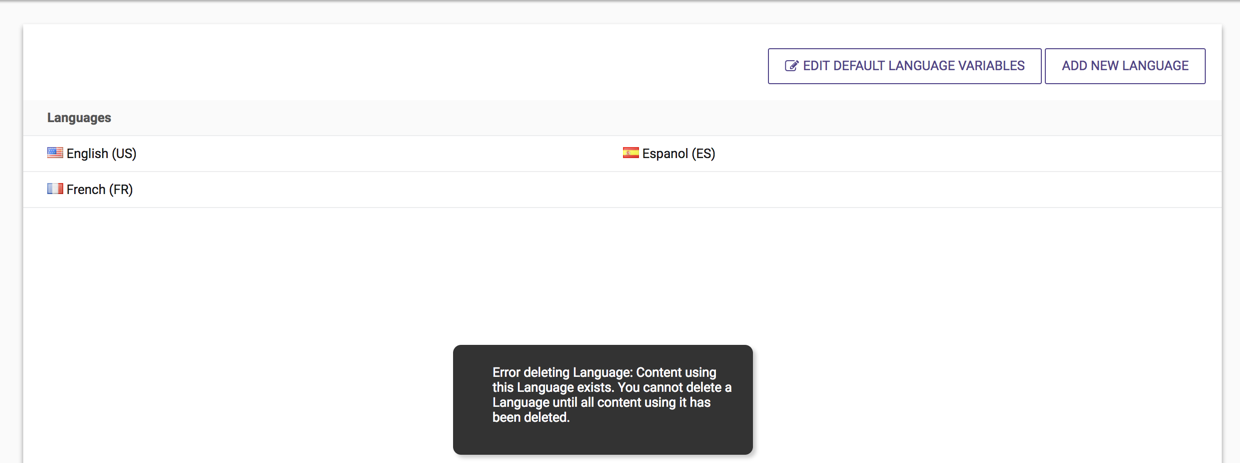 Error message attempting to delete content Language